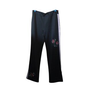 Masseys Large Pull On Black Embroidered Stretch Elastic Waist Pants Comfort